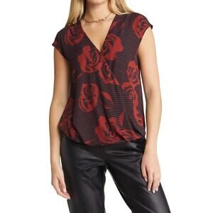 Halogen Magenta Floral Surplice Blouse L Pink Faux Wrap Romantic